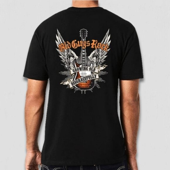 Old Guys Rule Graphic T-Shirt Guitar Wings Crew Neck Cotton Black Men’s sz L - Picture 1 of 11